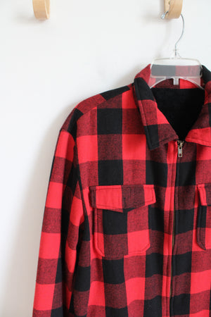 Black & Red Buffalo Plaid Fleece Lined Full Zip Jacket | L