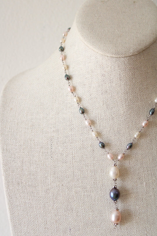 Genuine Black & Ivory Pearl Chain Necklace
