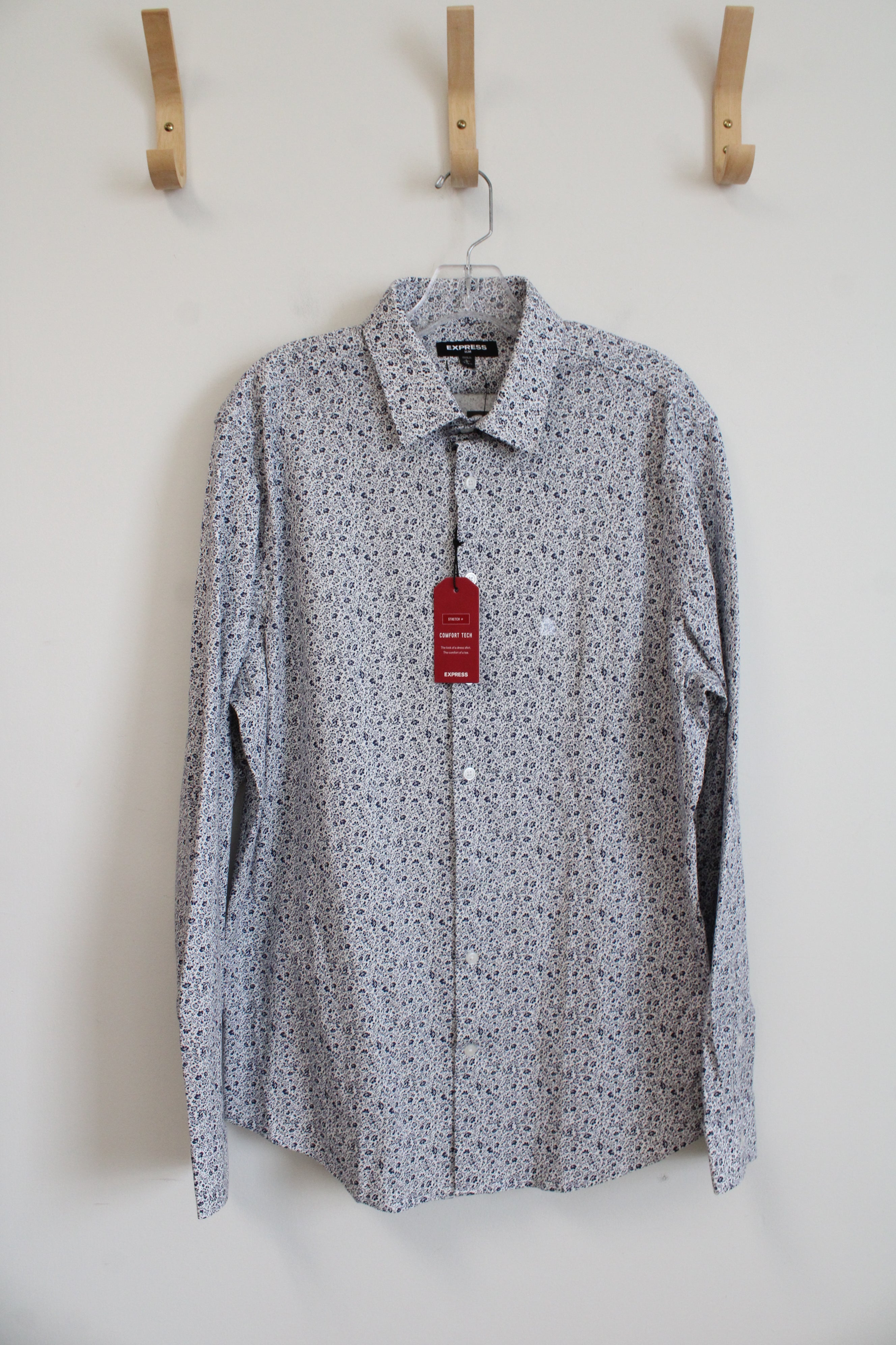 NEW Express Slim Fit Blue & White Floral Button Down Shirt | L