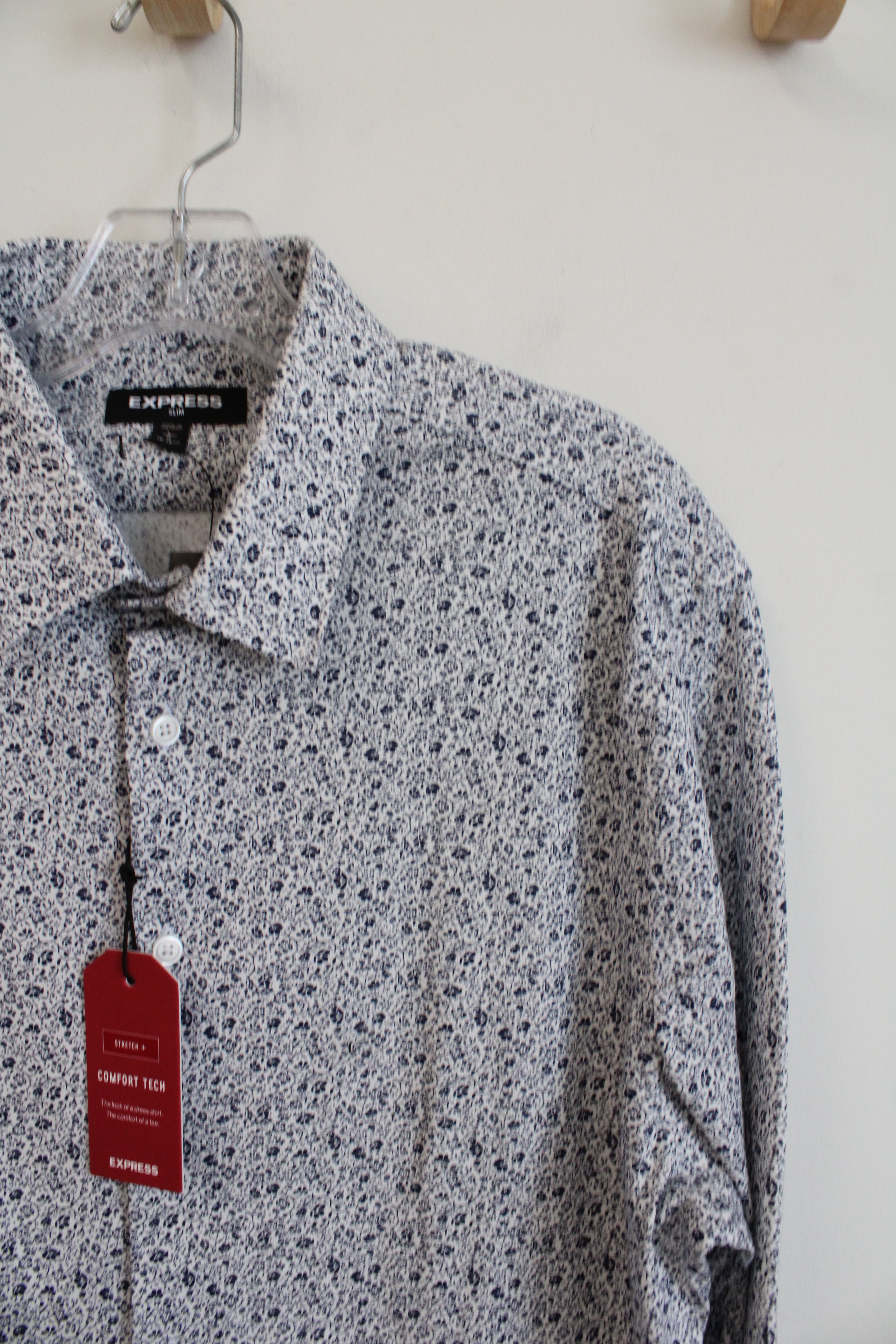 NEW Express Slim Fit Blue & White Floral Button Down Shirt | L