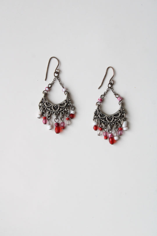 Silver Pink & Red Beaded Tassel Earrings