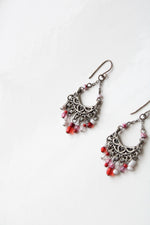 Silver Pink & Red Beaded Tassel Earrings