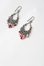 Silver Pink & Red Beaded Tassel Earrings