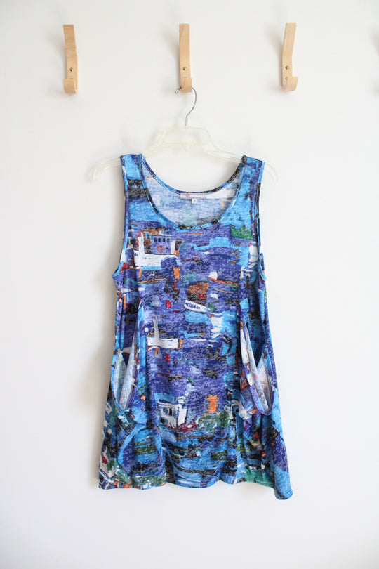 Variations Blue & Purple Patterned Slouchy Pocket Tank Top | S