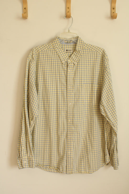 Haggar Yellow and Blue Plaid Cotton LS Button-down Shirt | XXL