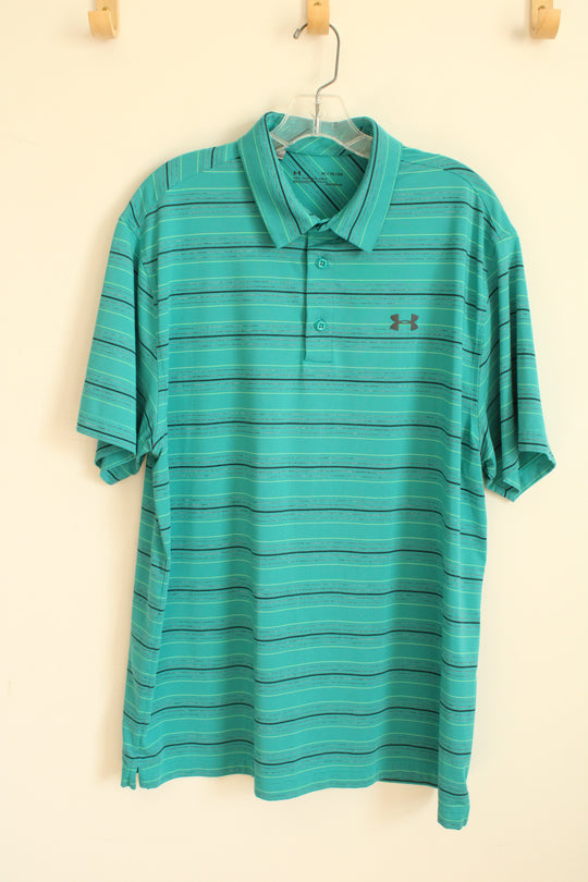 Under Armour Teal and Green Striped SS Athletic Polo Shirt | XL