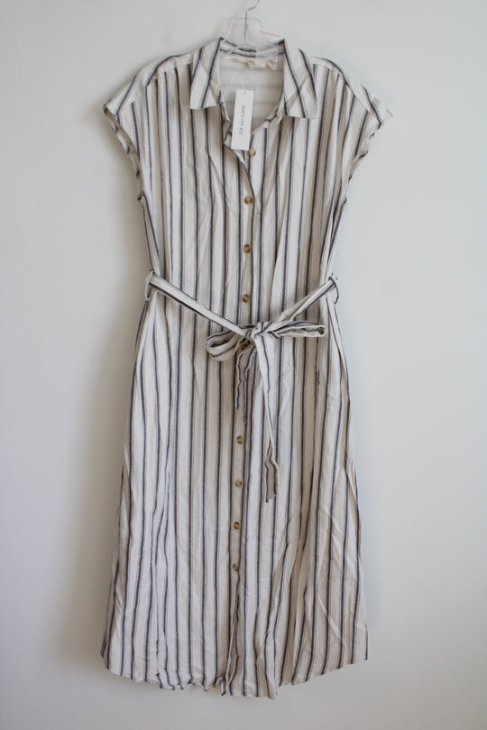 NEW Mine Gray & White Striped Button Down Linen Blend Maxi Dress | L