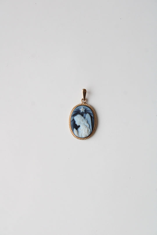 14K Yellow Gold Blue Carved Agate Guardian Angel Necklace Pendant