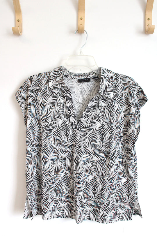 Tahari Palm Leaf Tropical Black & White Linen Shirt | L