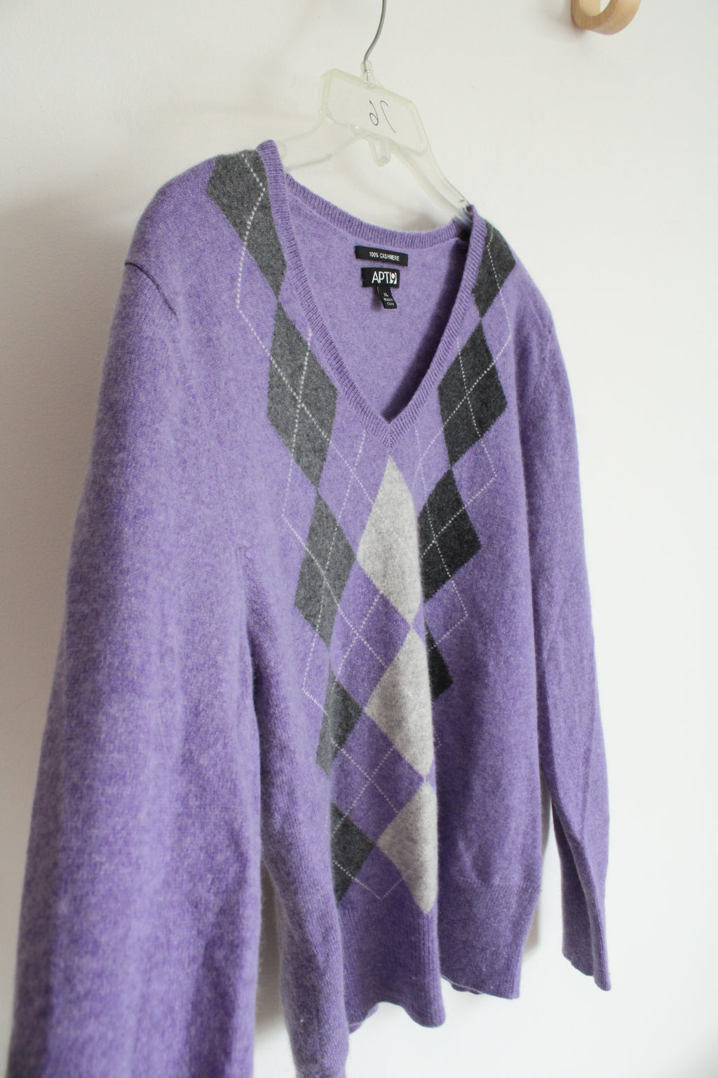 Apt.9 Purple Argyle Cashmere V-Neck Sweater | XL