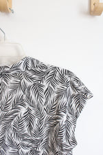 Tahari Palm Leaf Tropical Black & White Linen Shirt | L