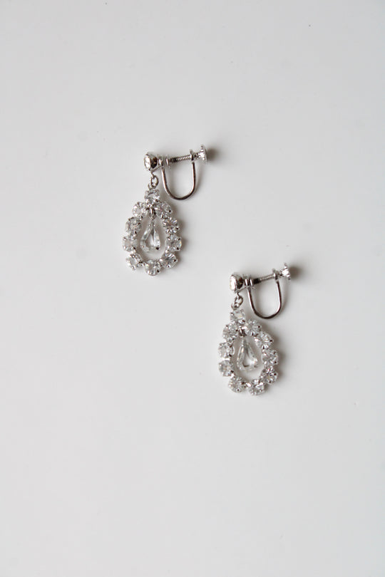Clear Stone Silver Screwback Dangle Earrings