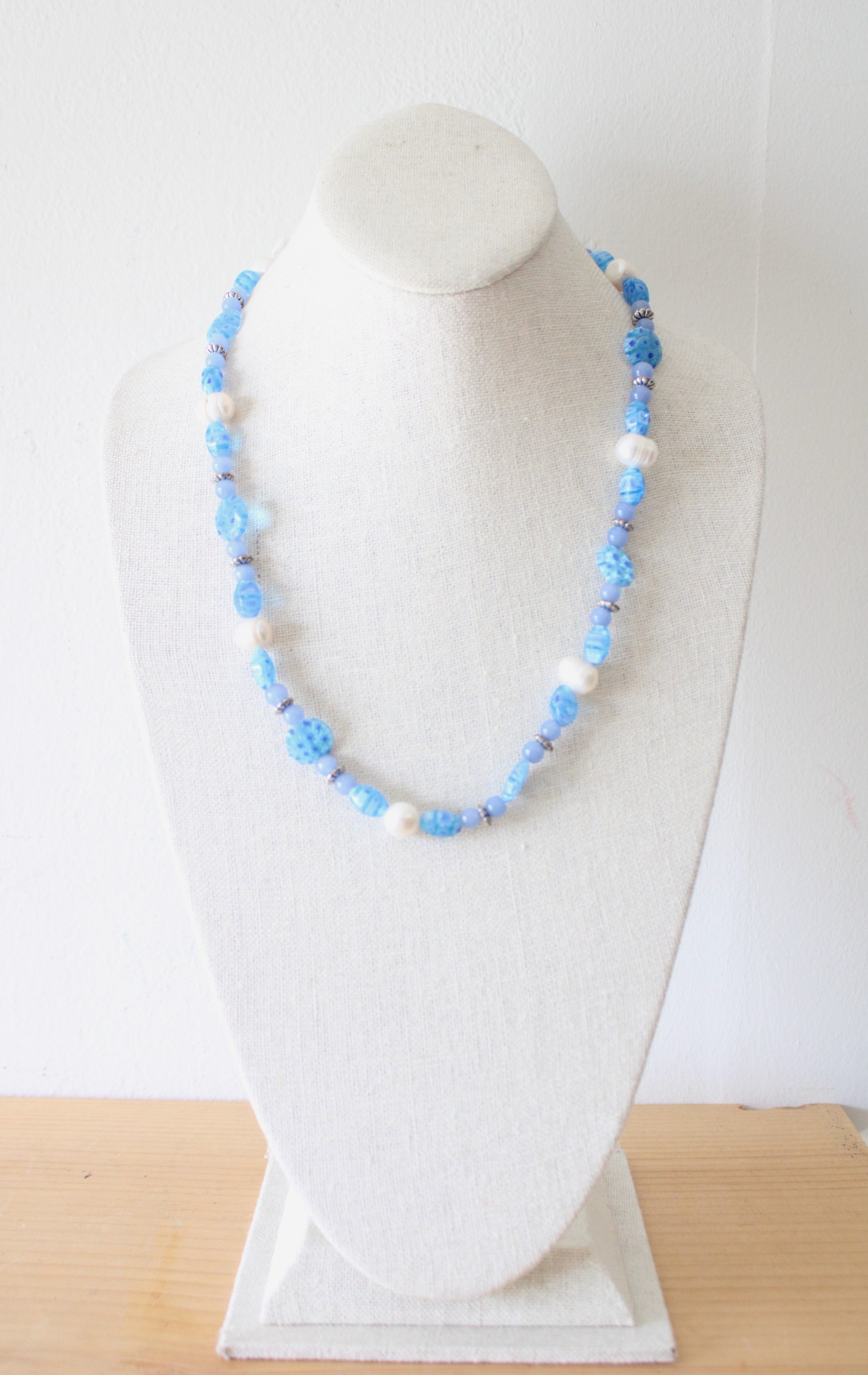 Genuine Pearl & Blue Glass Beaded Toggle Clasp Necklace