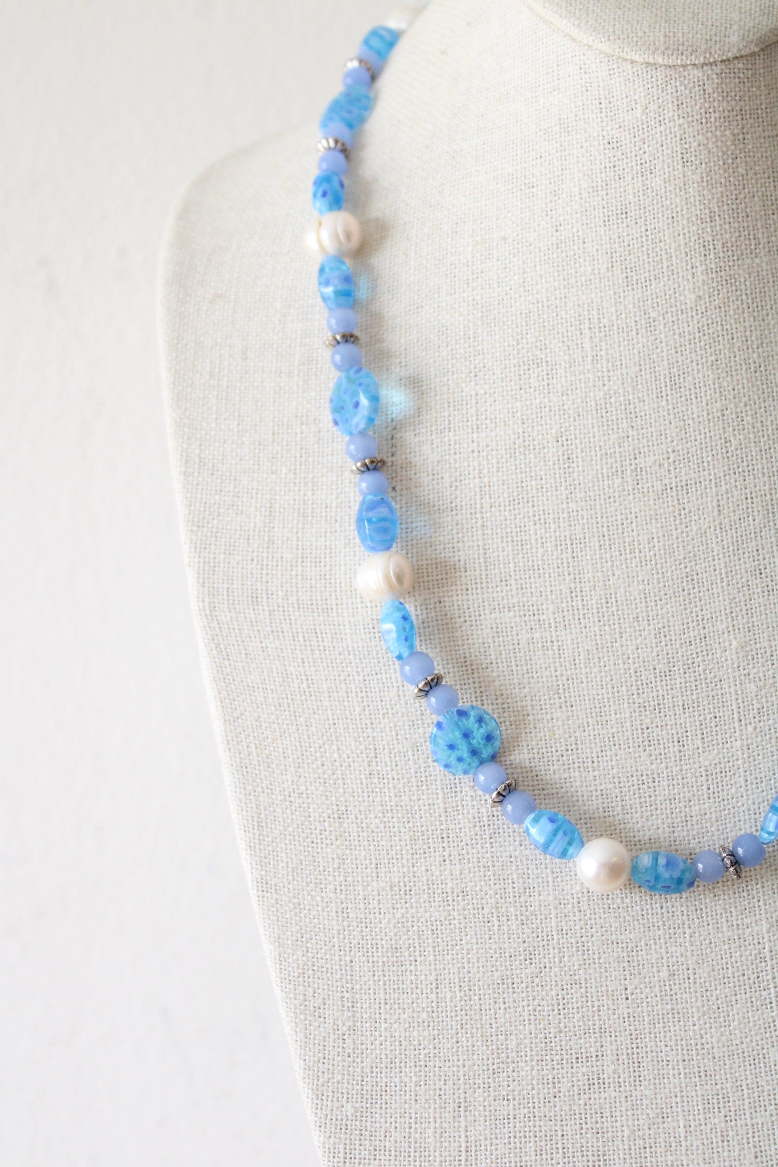Genuine Pearl & Blue Glass Beaded Toggle Clasp Necklace