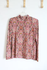 Tahari Pink Paisley Long Sleeve Stretch Mock Turtleneck Blouse | L