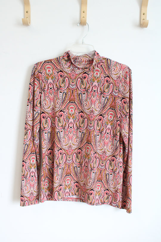 Tahari Pink Paisley Long Sleeve Stretch Mock Turtleneck Blouse | L