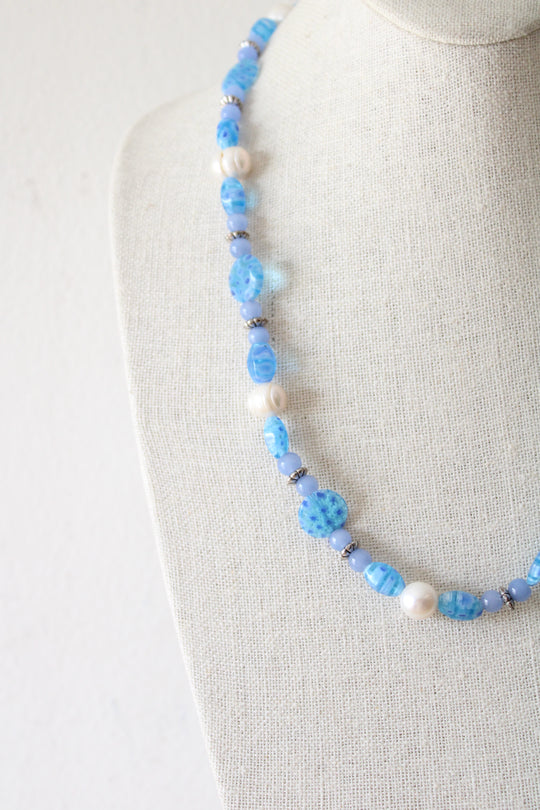 Genuine Pearl & Blue Glass Beaded Toggle Clasp Necklace
