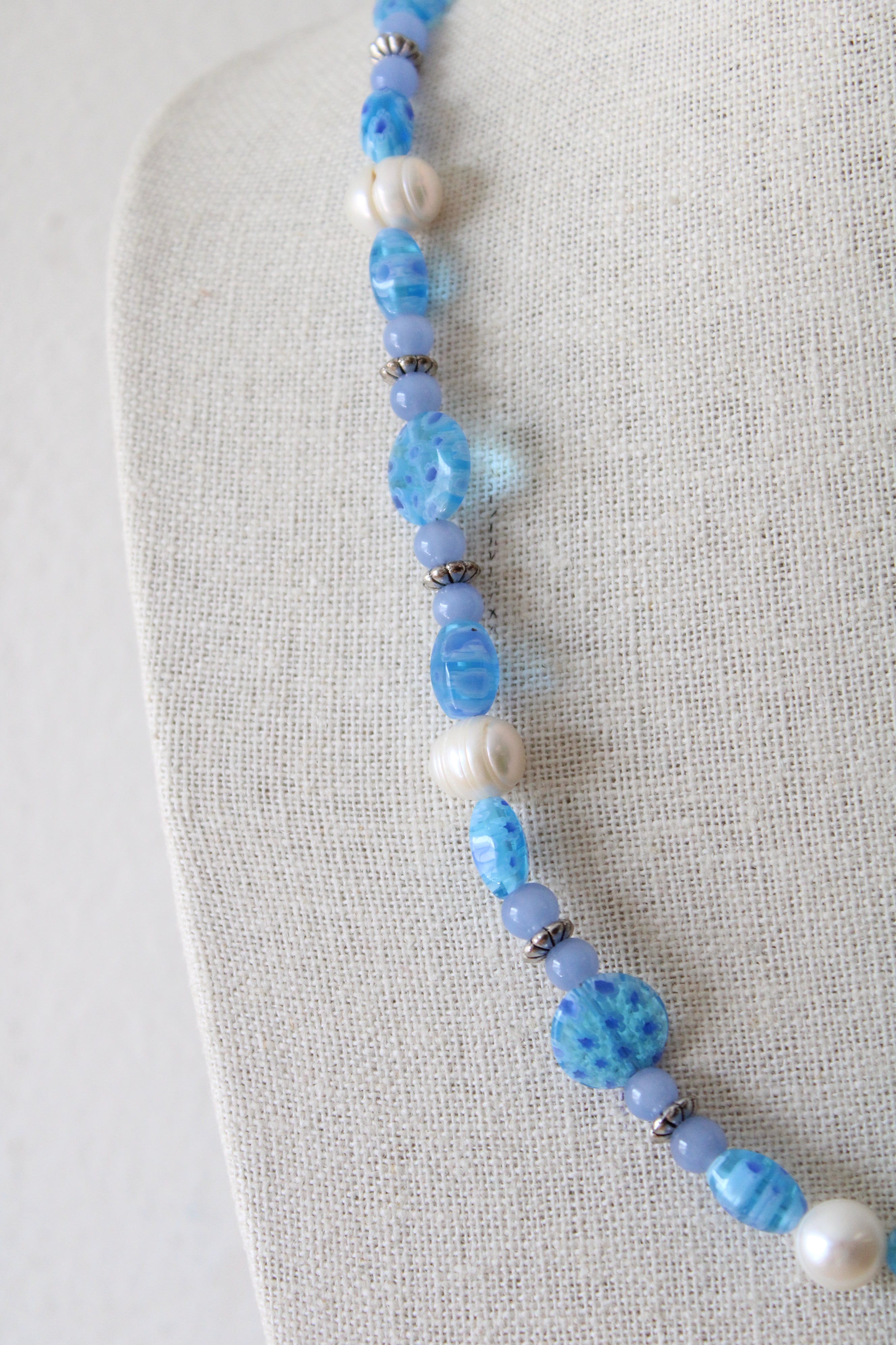 Genuine Pearl & Blue Glass Beaded Toggle Clasp Necklace