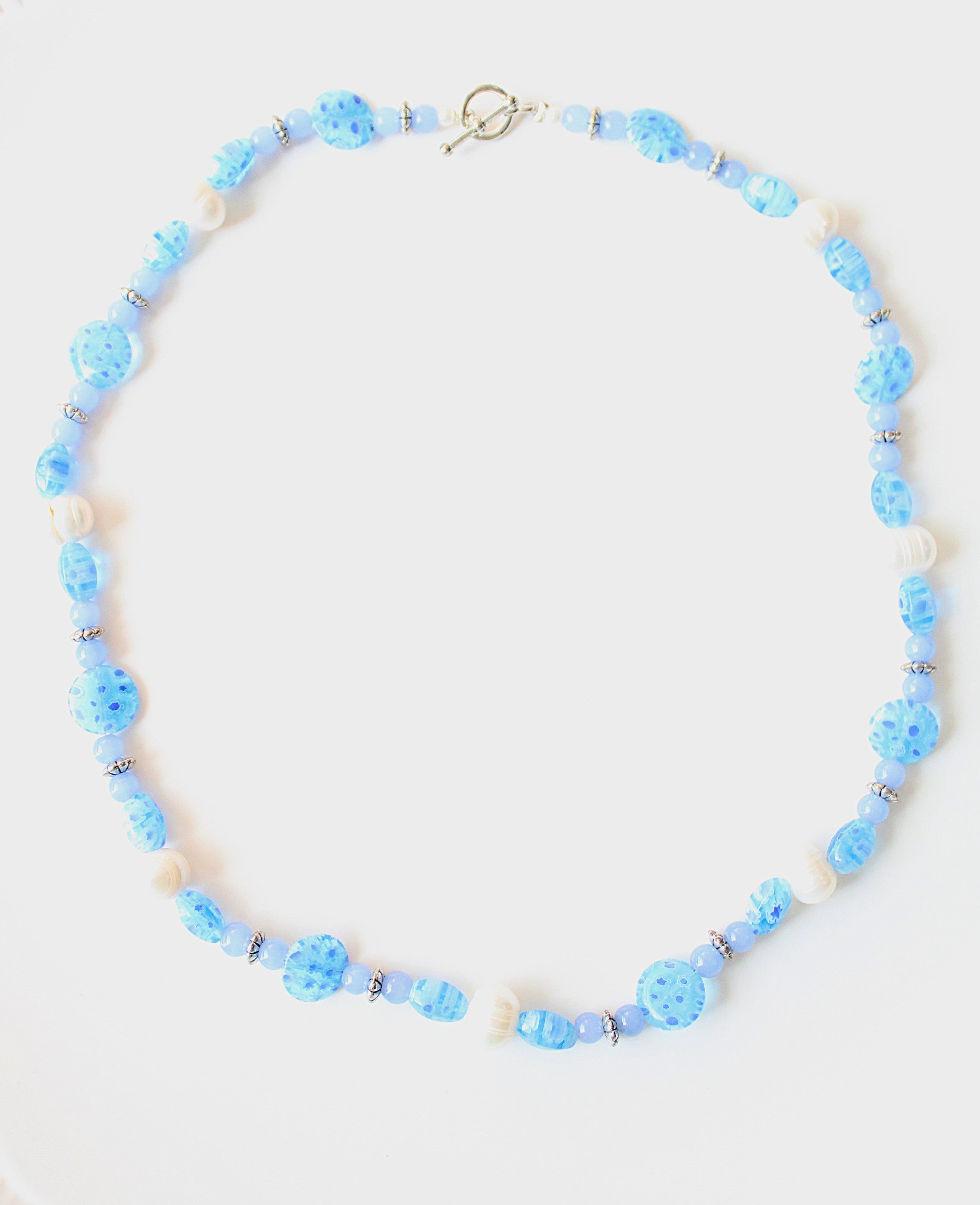 Genuine Pearl & Blue Glass Beaded Toggle Clasp Necklace