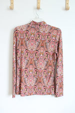 Tahari Pink Paisley Long Sleeve Stretch Mock Turtleneck Blouse | L