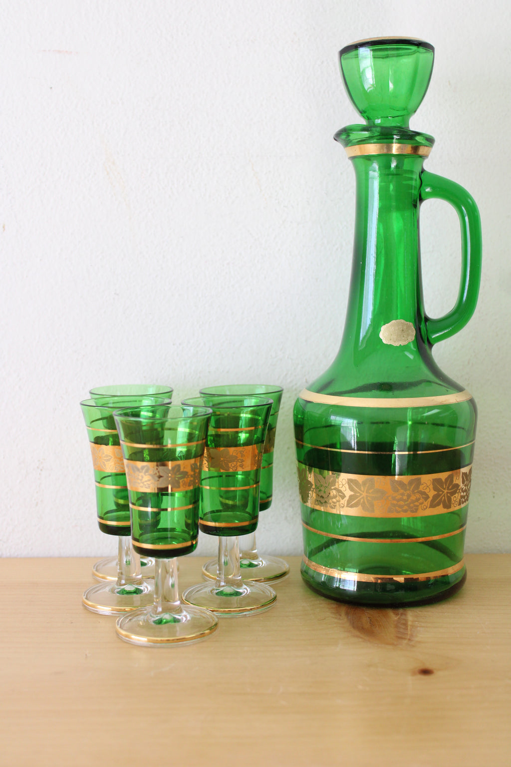 Vintage Venetian Green Decanter Set | 6 Pieces