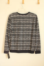 NEW Adam Levine Navy Blue and White Printed Striped Long Sleeve Crew Neck Top | L