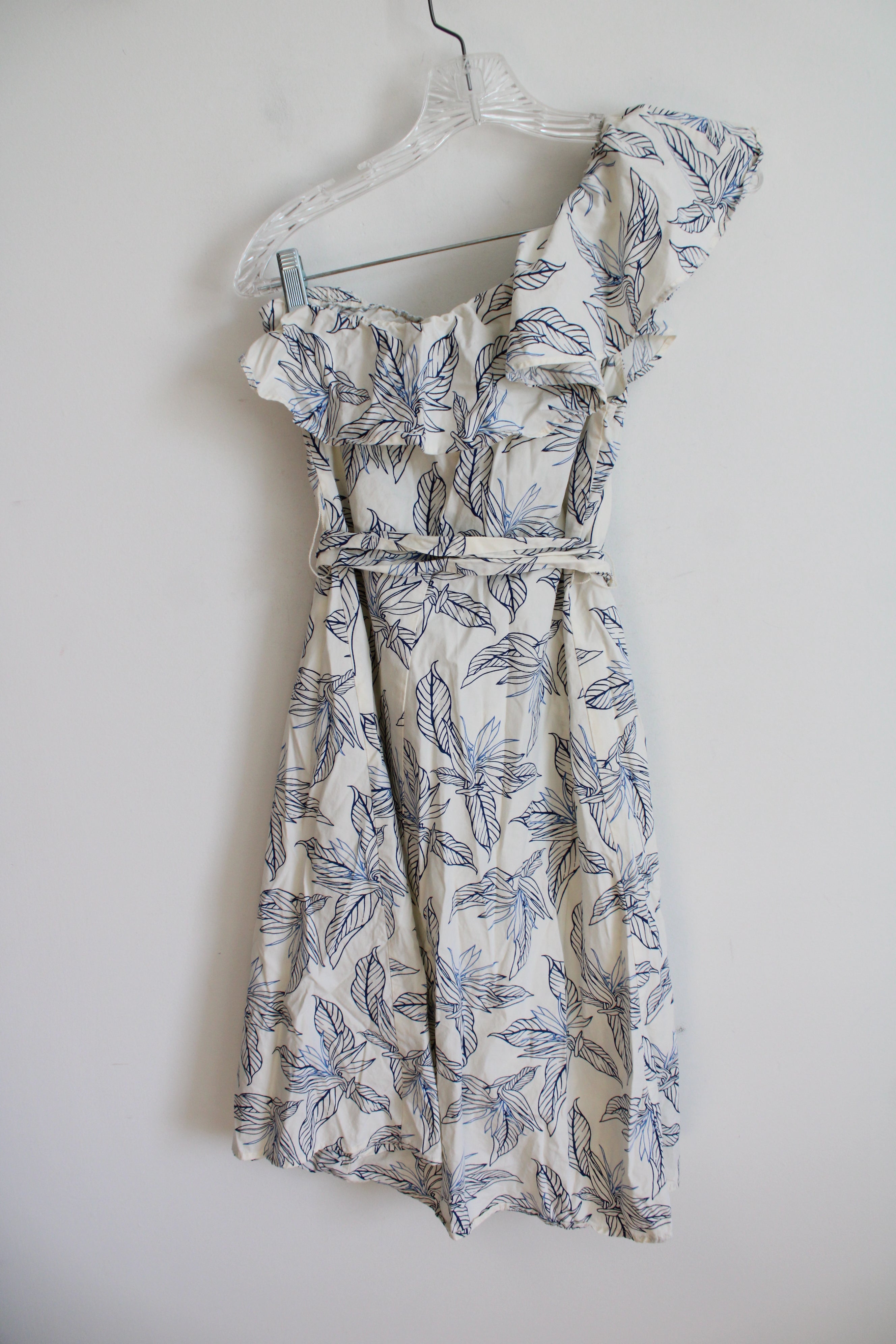 Banana Republic Cream & Blue Floral One Shoulder Dress | XS