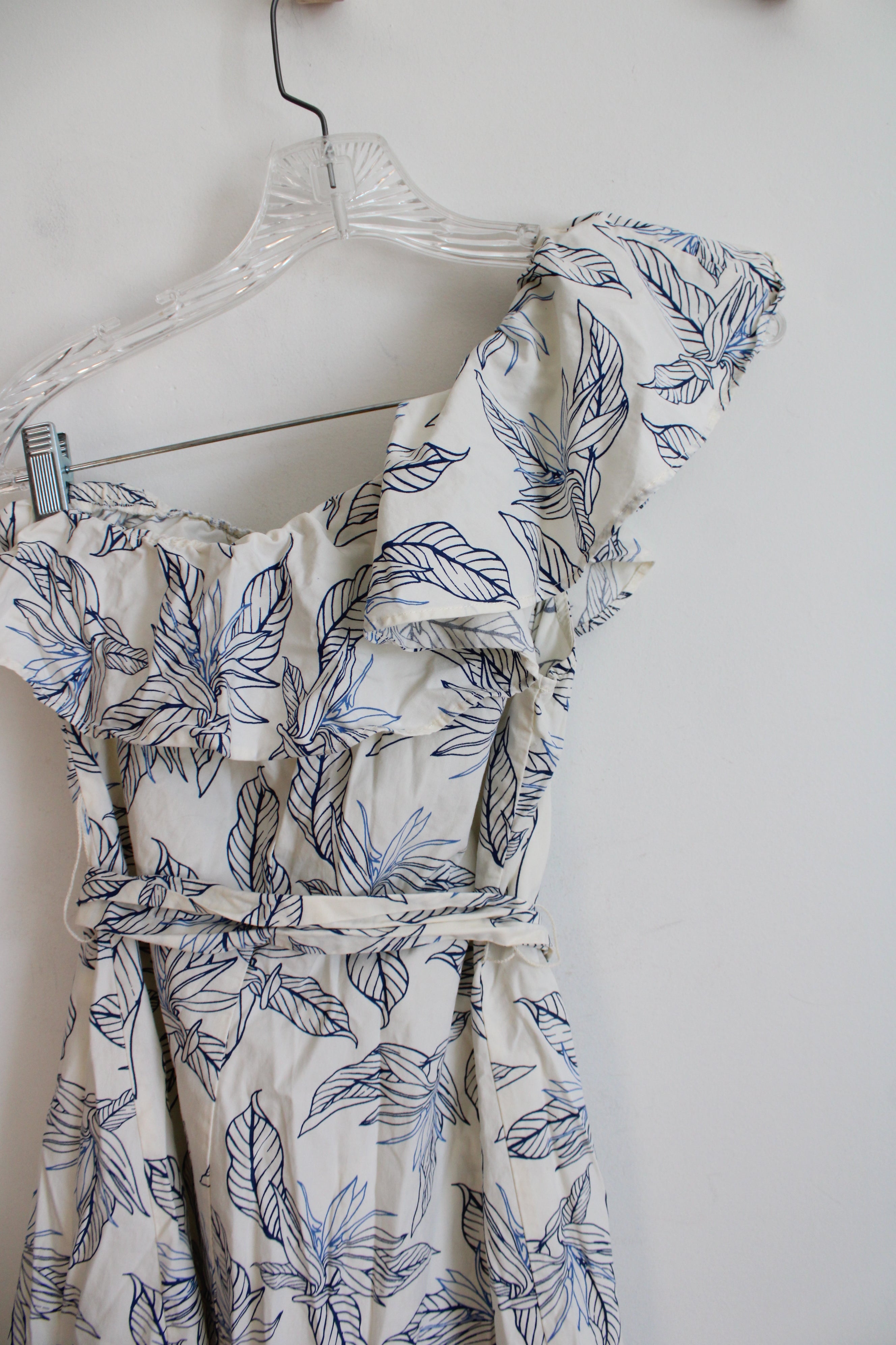 Banana Republic Cream & Blue Floral One Shoulder Dress | XS