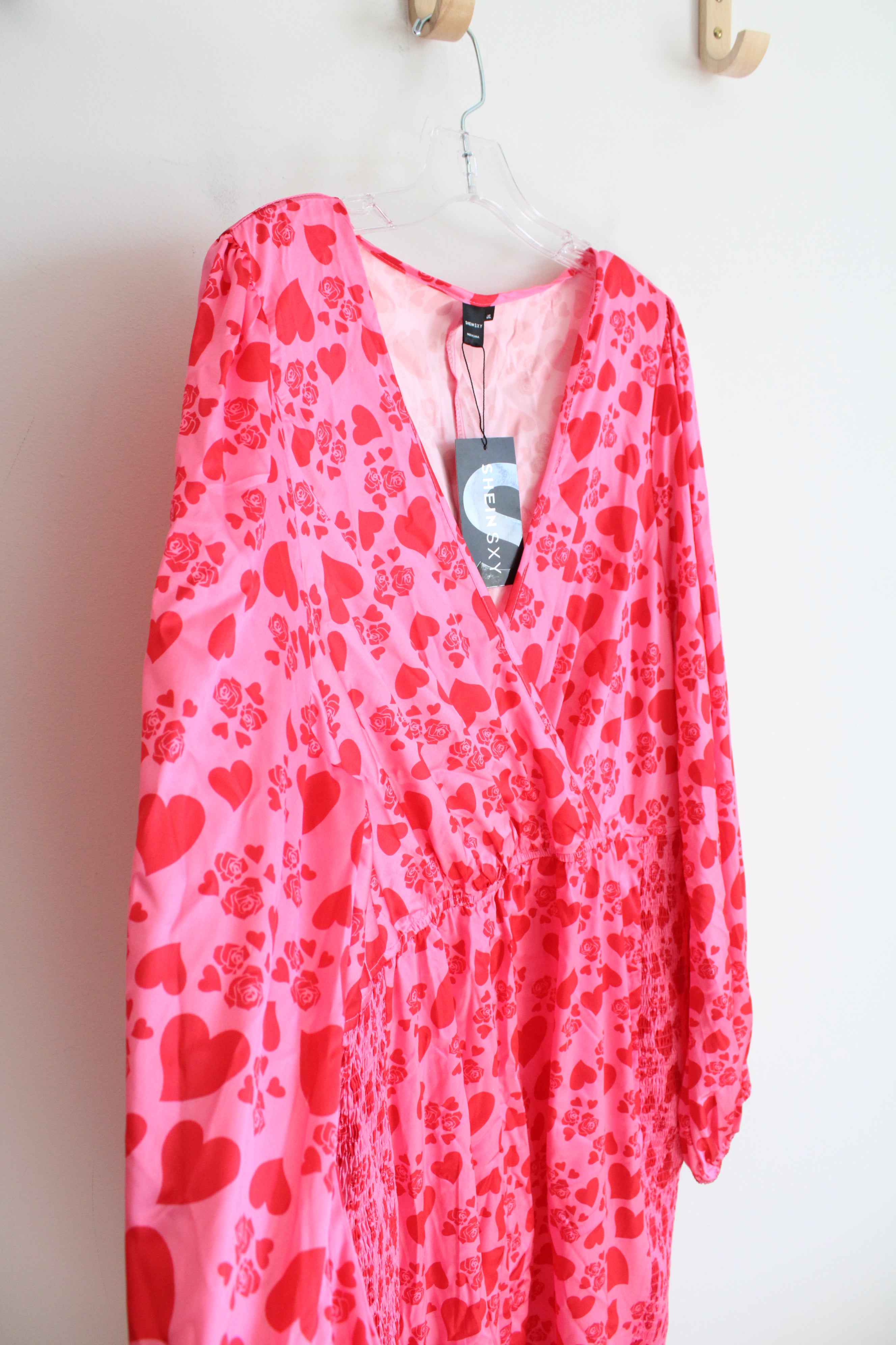 shein red heart dress SHEIN Unity Women's Elegant Red Heart Print Mid-Length Dress,Puffy Sleeve Tea Dress,Red And White,Summer,1960s Vintage,Aniversary Party Midi Dress