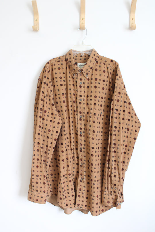 Eddie Bauer Beige Corduroy with Print Long-Sleeve Button Down Shirt | XL