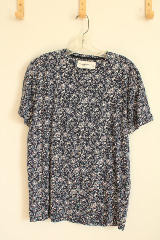Abercrombie & Fitch White and Blue Floral Printed T-Shirt | M