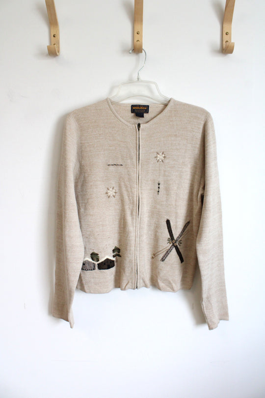 Woolrich Tan Full Zip Up Ski Winter Cardigan Sweater | L