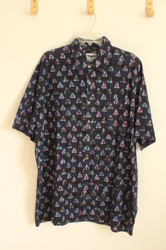Wings Navy Blue with Bleach-Dye Triangle Short Sleeve Button Down Shirt | XL