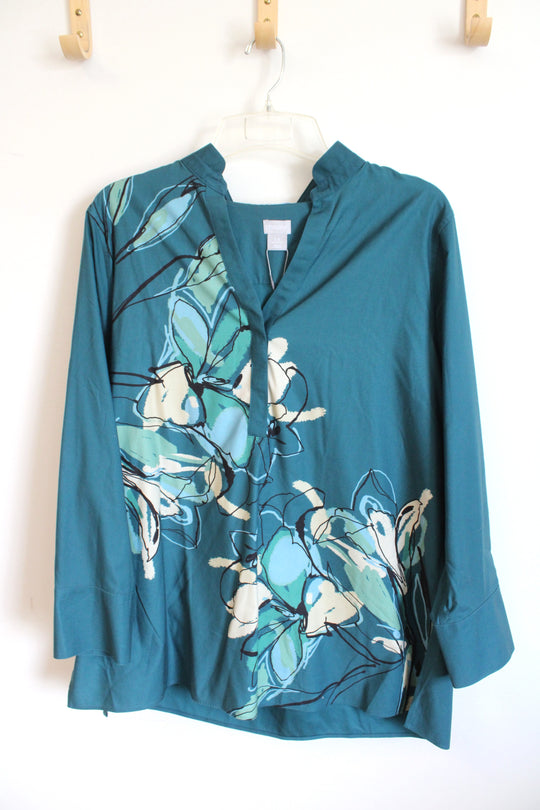 NEW Chicos No Iron Stretch Teal Floral Mandarin Tunic | 3.5 (XL)