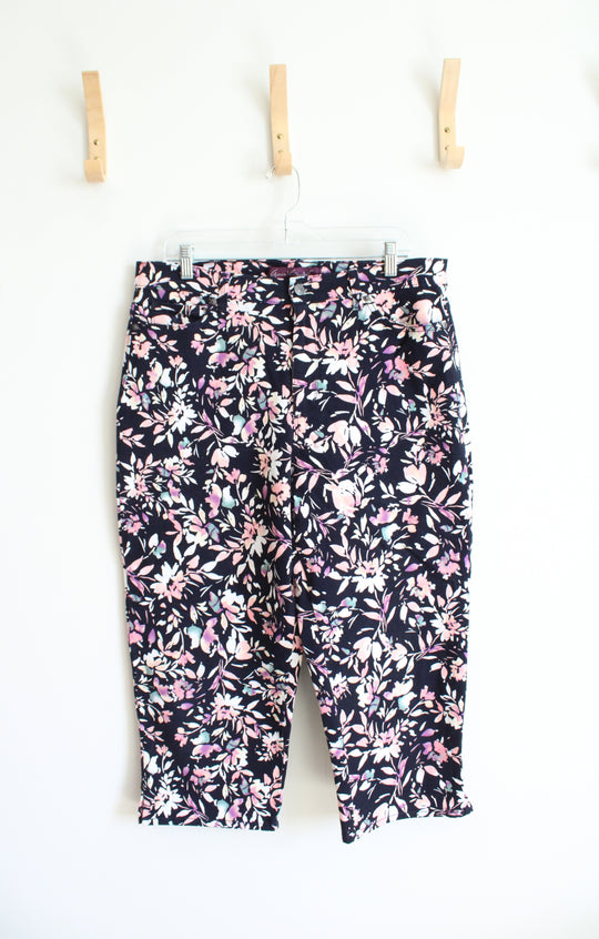 Gloria Vanderbilt Peach & Purple Floral Navy Amanda Capri Pants | 14