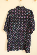Wings Navy Blue with Bleach-Dye Triangle Short Sleeve Button Down Shirt | XL