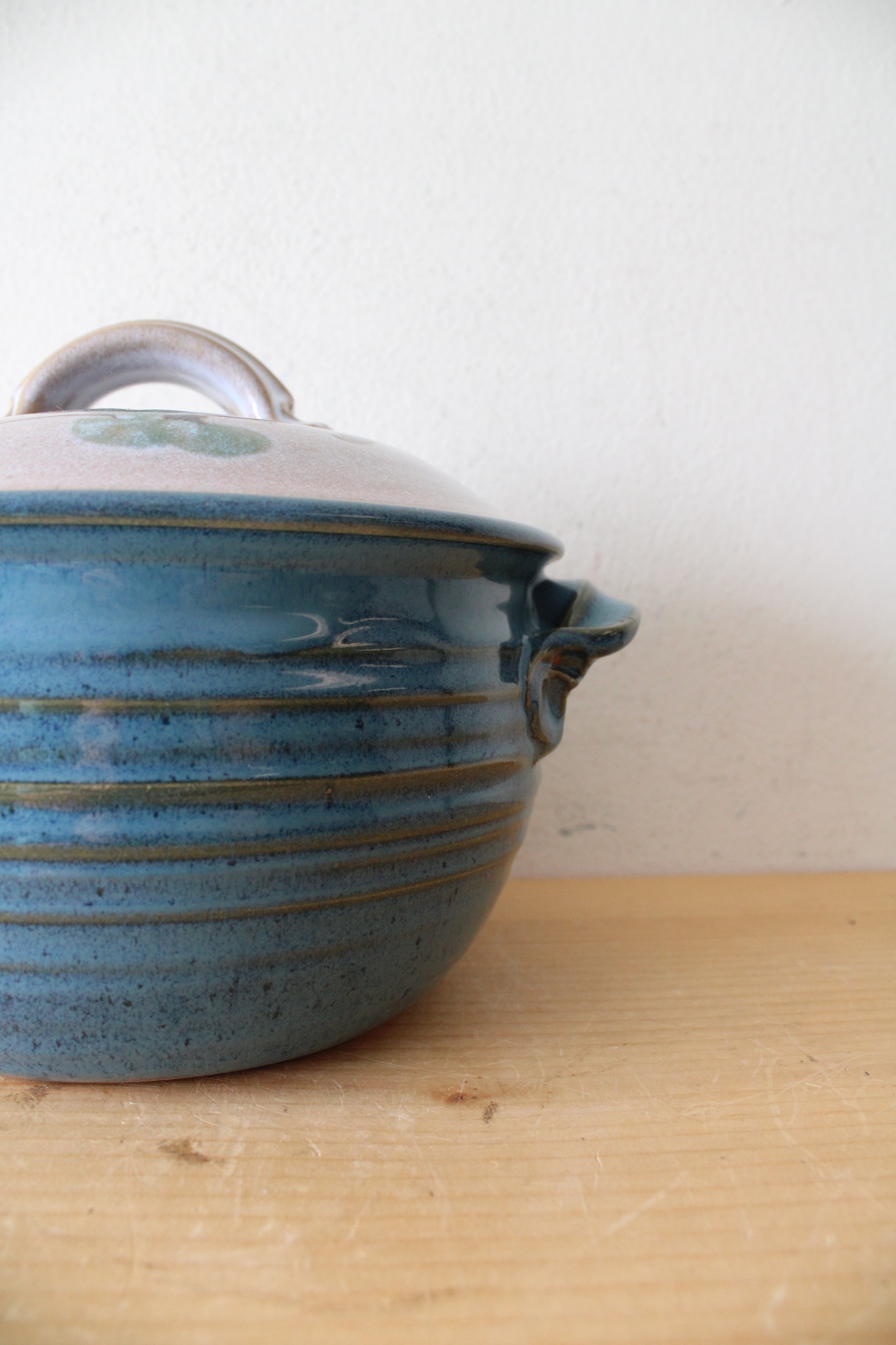 Blue Glazed Floral Covered Pottery Dish