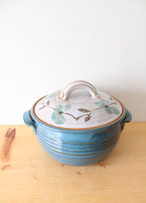 Blue Glazed Floral Covered Pottery Dish