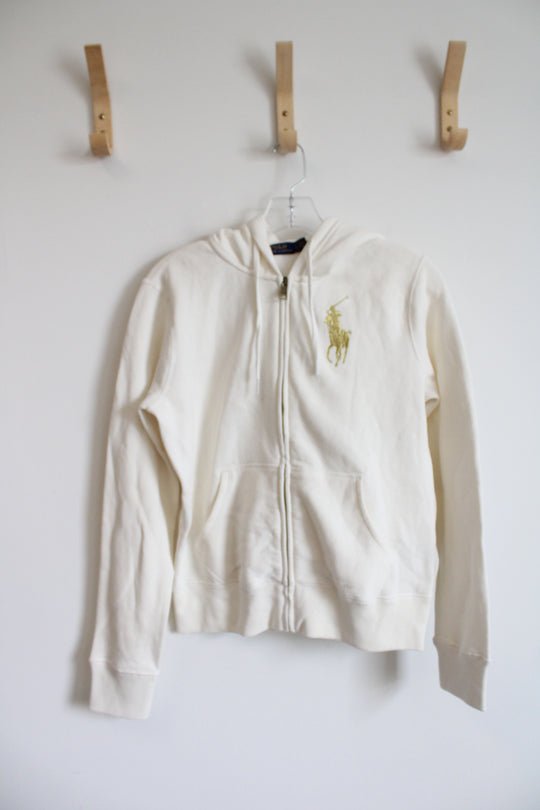 Polo Ralph Lauren White Gold Embroidered Logo Fleece Lined Full Zip Jacket | S Petite