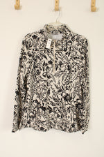 NEW Talbots Black & Cream Floral Print 1/4 Zip Sweatshirt | L
