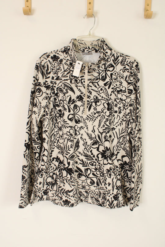 NEW Talbots Black & Cream Floral Print 1/4 Zip Sweatshirt | L