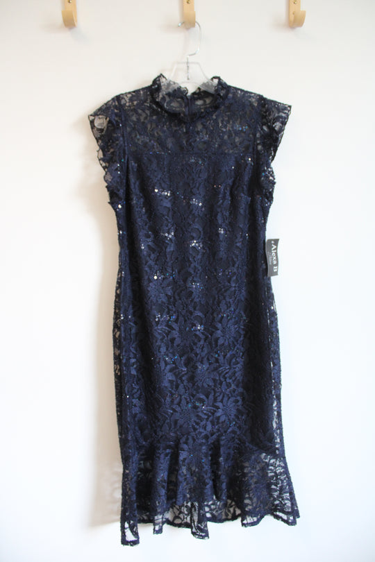 NEW Alexa B Navy Sequined Lace Ruffled Sleeve Dress | 6