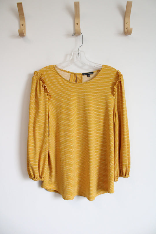 Adrianna Papell Mustard Yellow & White Dotted Long Sleeved Top | M