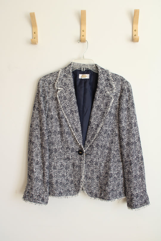 Talbots Tweed Navy & White Fringed Hem Blazer | M
