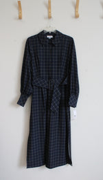 NEW Calvin Klein Navy & Yellow Plaid 1/2 Buttoned Belted Long Sleeved Shirtdress | 6