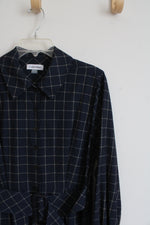 NEW Calvin Klein Navy & Yellow Plaid 1/2 Buttoned Belted Long Sleeved Shirtdress | 6