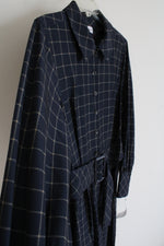 NEW Calvin Klein Navy & Yellow Plaid 1/2 Buttoned Belted Long Sleeved Shirtdress | 6
