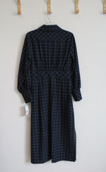 NEW Calvin Klein Navy & Yellow Plaid 1/2 Buttoned Belted Long Sleeved Shirtdress | 6