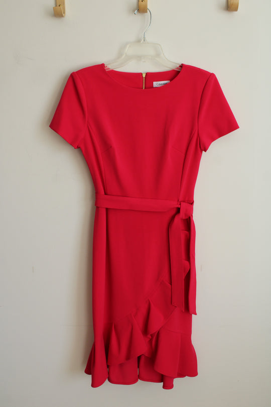 Calvin Klein Deep Pink Ruffled Hem Short Sleeve Dress | 6