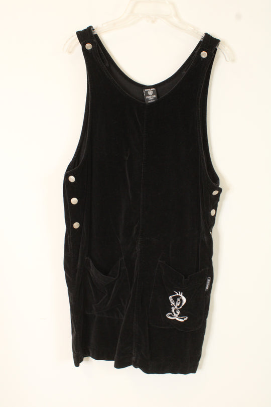 Warner Bros. Vintage Black Velour Tweety Bird Embroidered Dress | L